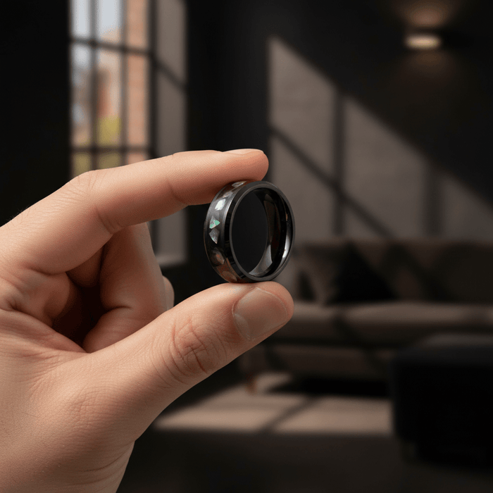 ABALONX — Held between fingers close-up — men's tungsten wedding ring.