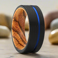 ADVENTUNE | Bocote Wood, Black Tungsten Ring, Blue Offset Groove, Flat - Rings - Aydins Jewelry - 1