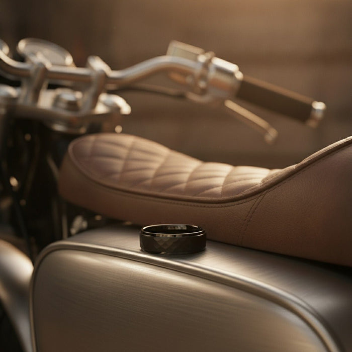 Aydins AEROBITS | Black Tungsten Hammered Ring lifestyle scene, motorcycle tank