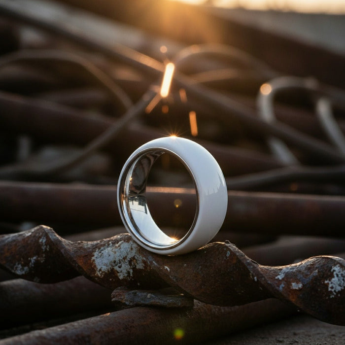 Aydins ALABASTER | Silver Ring, White Ceramic Ring, Domed lifestyle scene, junkyard steel