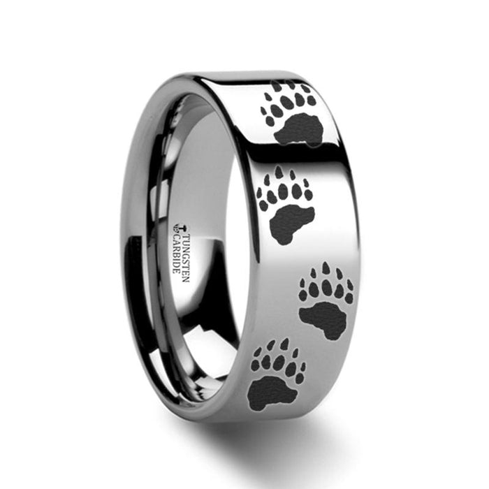 Animal Design Bear Paw Print Laser Engraved Flat T Tungsten Carbide men's wedding band, image 1