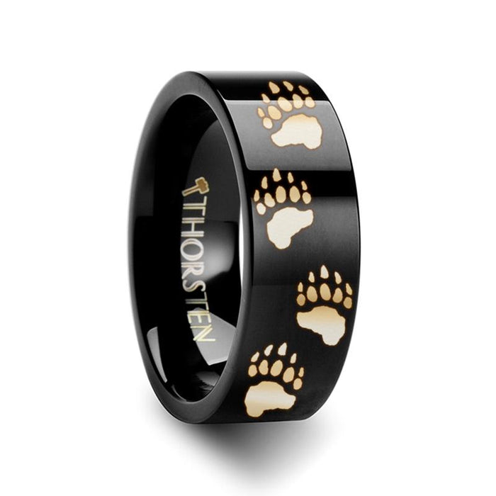 Animal Design Bear Paw Print Laser Engraved Flat T Tungsten Carbide men's wedding band, image 2