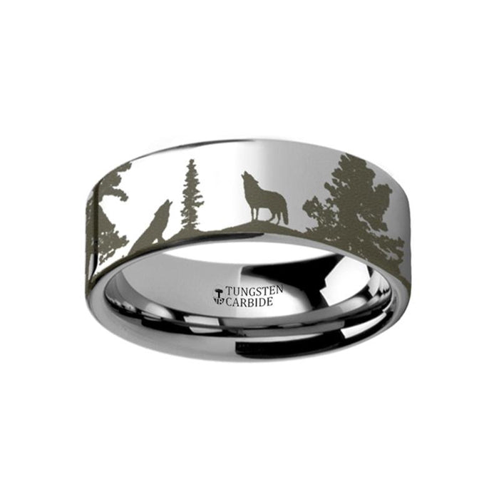 Animal Landscape Scene Wolf Engraved Flat Tungsten Tungsten Carbide men's wedding band, image 1