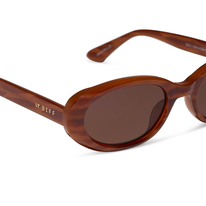 diff eyewear featuring the annabelle round sunglasses with a harvest tortoise frame and brown lenses detailed view