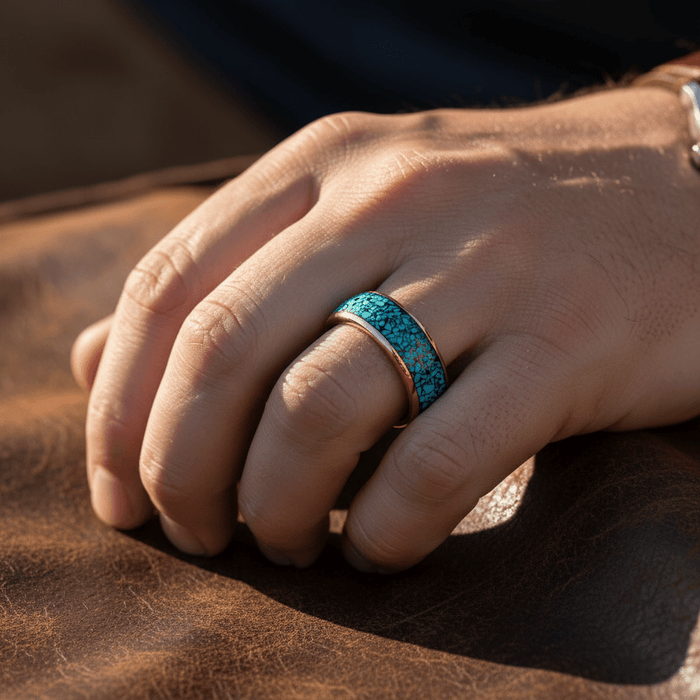 AQUAGLAZE — Lifestyle photo on hand — men's tungsten wedding ring.