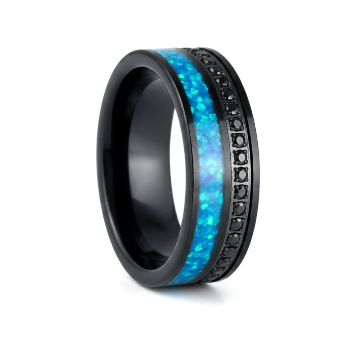 AQUORION black tungsten ring with blue opal inlay and black CZ accents - front view