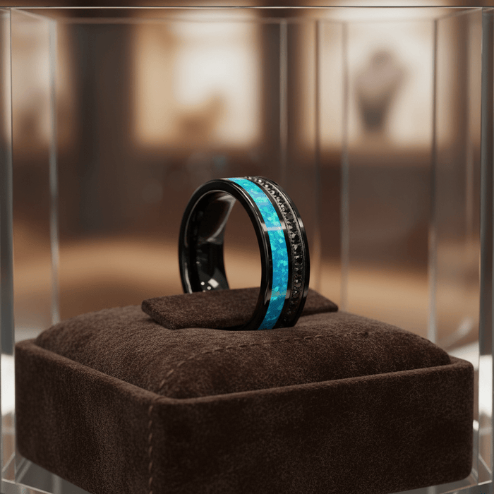 AQUORION — Premium boutique display on velvet — men's tungsten wedding ring.