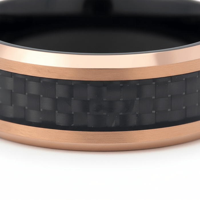ARCHER — Extreme macro detail — men's tungsten wedding ring.