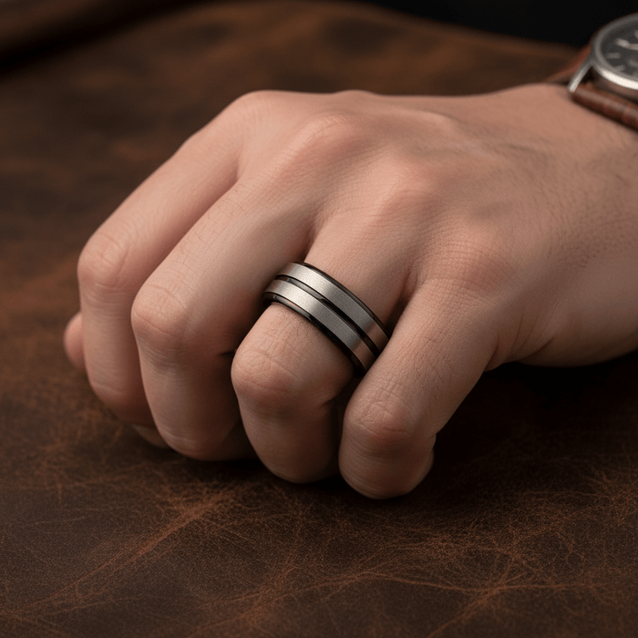 ASHCHIL — Lifestyle photo on hand — men's tungsten wedding ring.