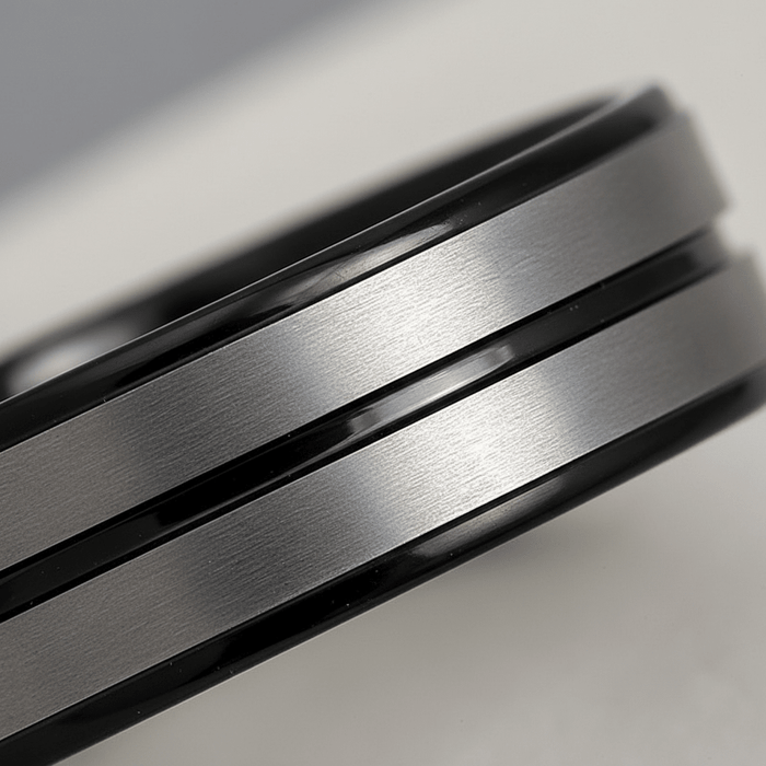 ASHCHIL — Extreme macro detail — men's tungsten wedding ring.