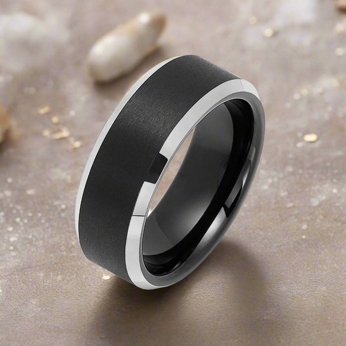 ASTON | Black Tungsten Ring, Black Brushed, Silver Beveled Edges - Rings - Aydins Jewelry - 2