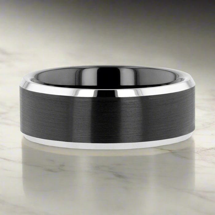 ASTON | Black Tungsten Ring, Black Brushed, Silver Beveled Edges - Rings - Aydins Jewelry - 4