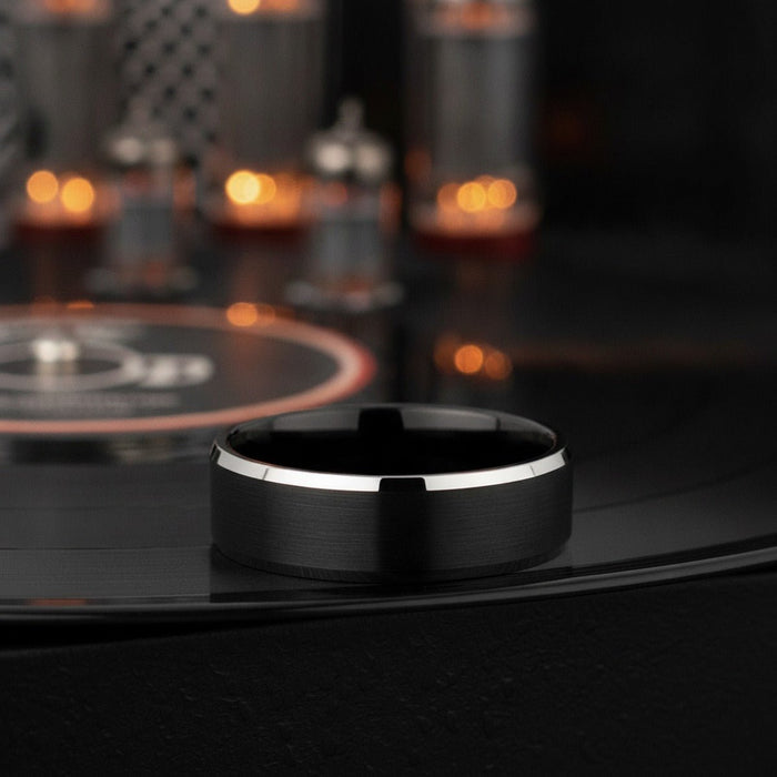 Aydins ASTON | Black Tungsten Brushed Ring lifestyle scene, vinyl record amp