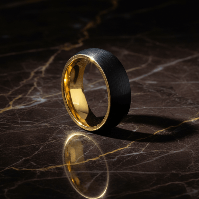 AURELIUS — Luxury 3/4 angle on dark marble — men's tungsten wedding ring.
