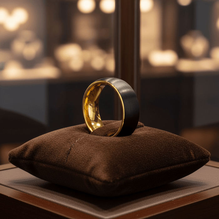AURELIUS — Premium boutique display on velvet — men's tungsten wedding ring.