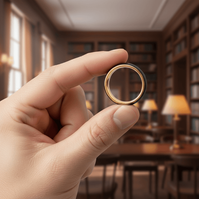 AURELIUS — Held between fingers close-up — men's tungsten wedding ring.