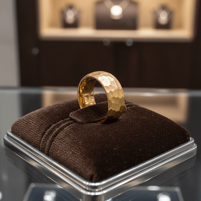 AURIGA — Premium boutique display on velvet — men's tungsten wedding ring.