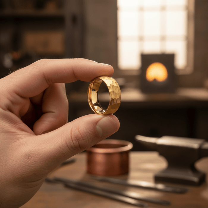 AURIGA — Held between fingers close-up — men's tungsten wedding ring.