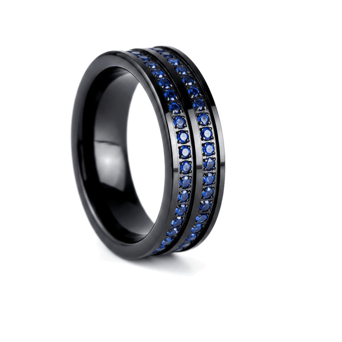 AZURON black tungsten ring with double row blue CZ eternity setting - front view