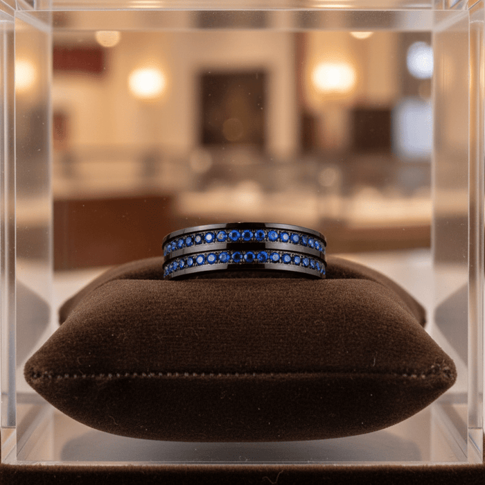 AZURON — Premium boutique display on velvet — men's tungsten wedding ring.
