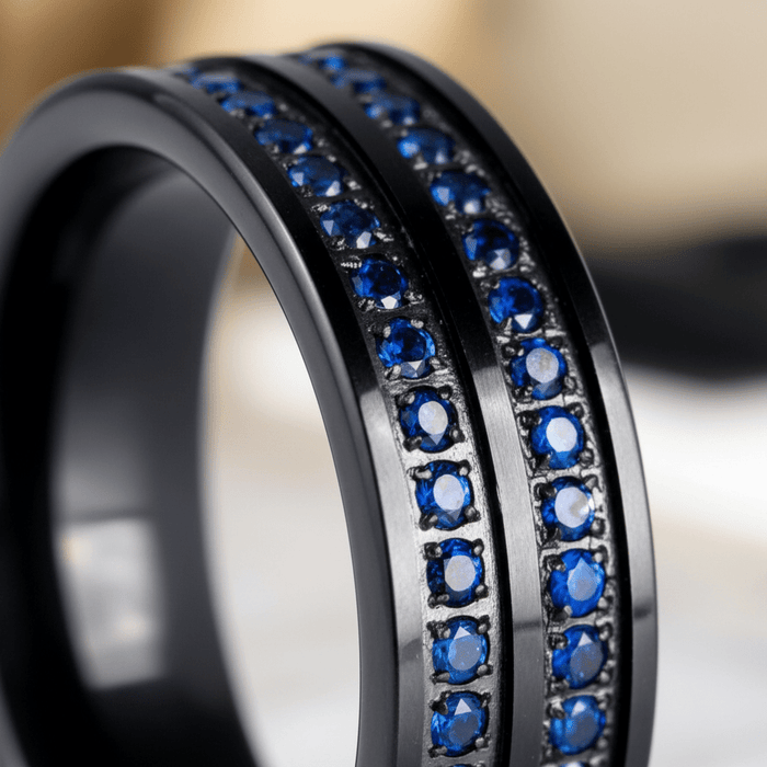 AZURON — Extreme macro detail — men's tungsten wedding ring.