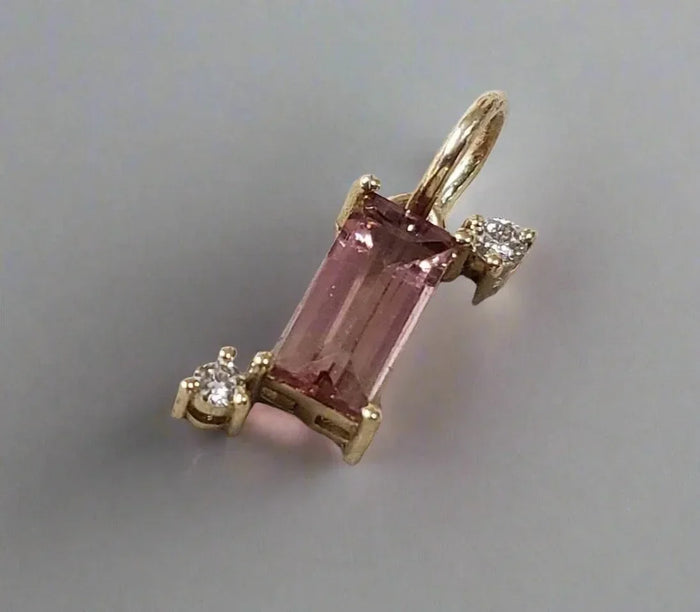 Baguette Shape Natural Pink Tourmaline Gold 14k Pendant With Diamonds - K Jewelry Accessories