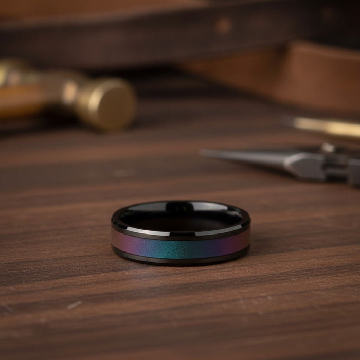 Aydins BARRACUDA | Black Ceramic Ring, Color Changing Inlay lifestyle scene, dark walnut workshop