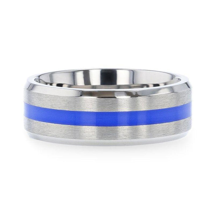 BARRY | Titanium Ring, Blue Stripe Inlay, Flat Brushed - detail view