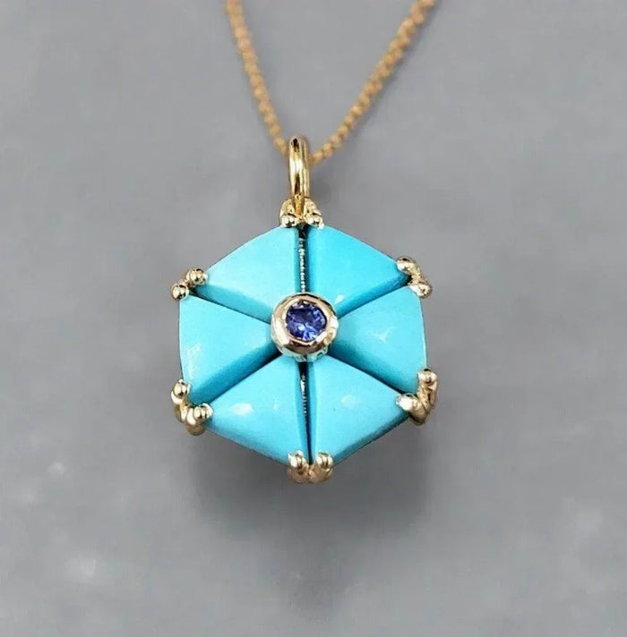 Beautiful 14k Arizona Turquoise & Tanzanite Flower Pendant Gold - K Jewelry Accessories
