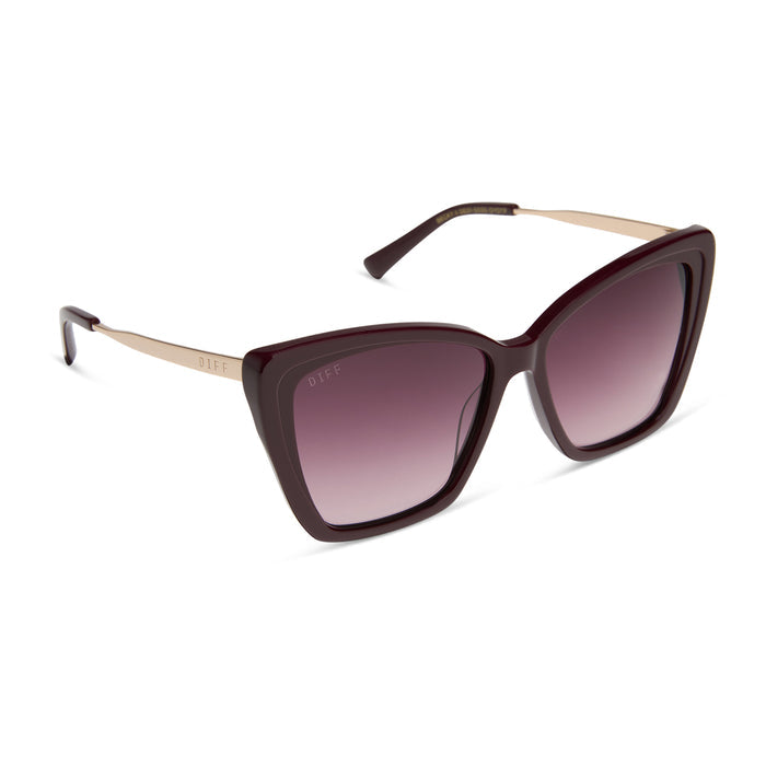 diff eyewear featuring the becky ii cateye sunglasses with a dark cherry lacquer frame and dark cherry gradient polarized lenses angled view