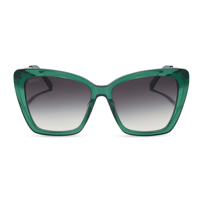 diff eyewear becky ii oversized cat eye sunglasses with a deep green frame and grey gradient lenses front view