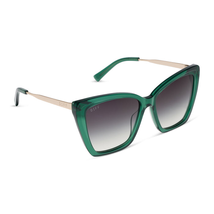 diff eyewear becky ii oversized cat eye sunglasses with a deep green frame and grey gradient lenses angled view
