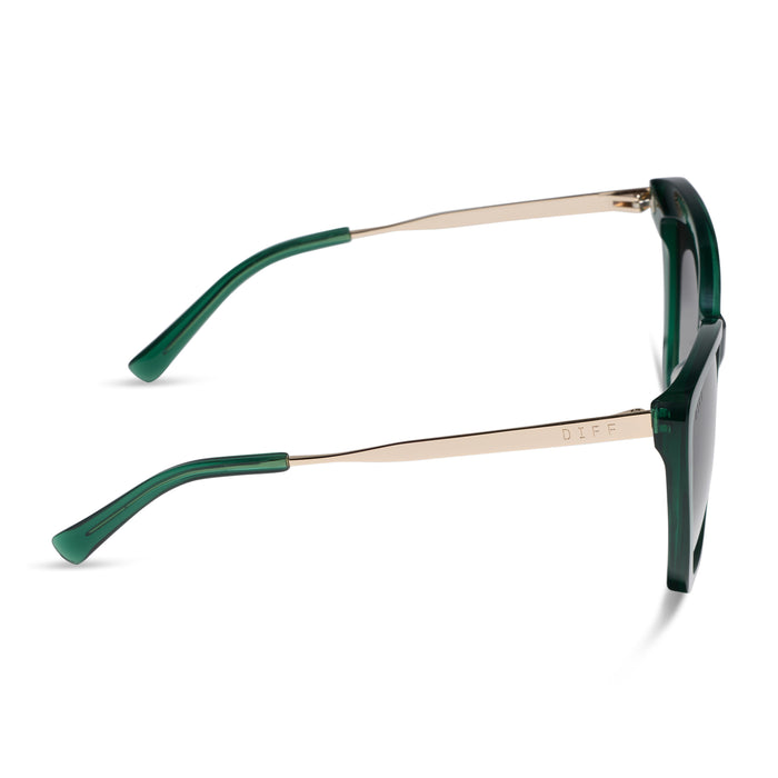 diff eyewear becky ii oversized cat eye sunglasses with a deep green frame and grey gradient lenses side view