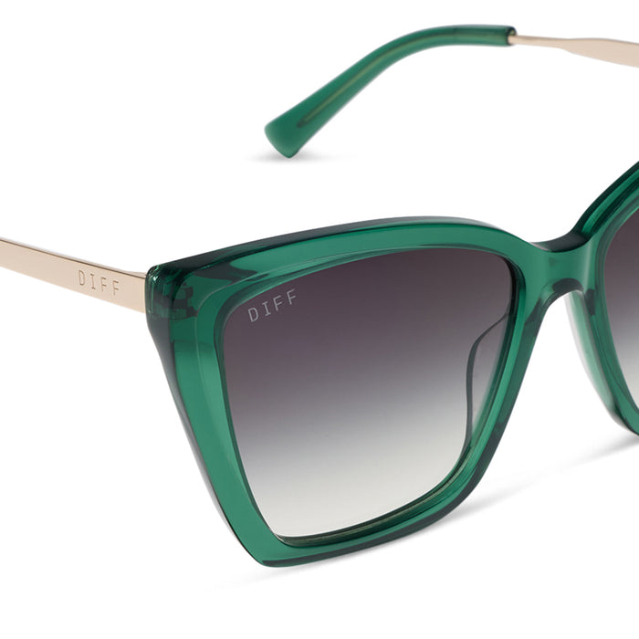 diff eyewear becky ii oversized cat eye sunglasses with a deep green frame and grey gradient lenses detailed view