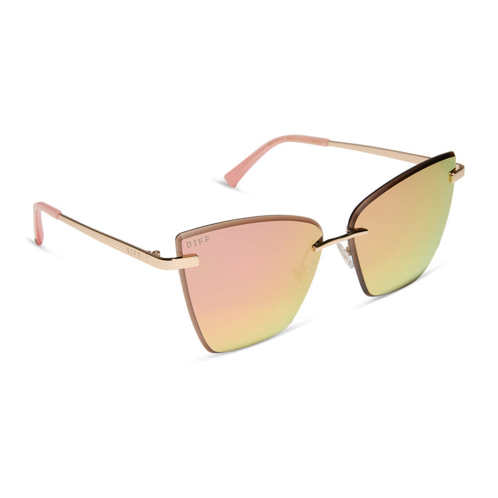 diff eyewear featuring the becky v cat eye sunglasses with a gold frame and peach mirror lenses angled view