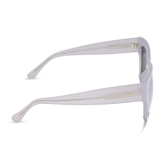 diff eyewear featuring the bella ii square sunglasses with a thistle light purple frame and lavendar mirror lenses side view