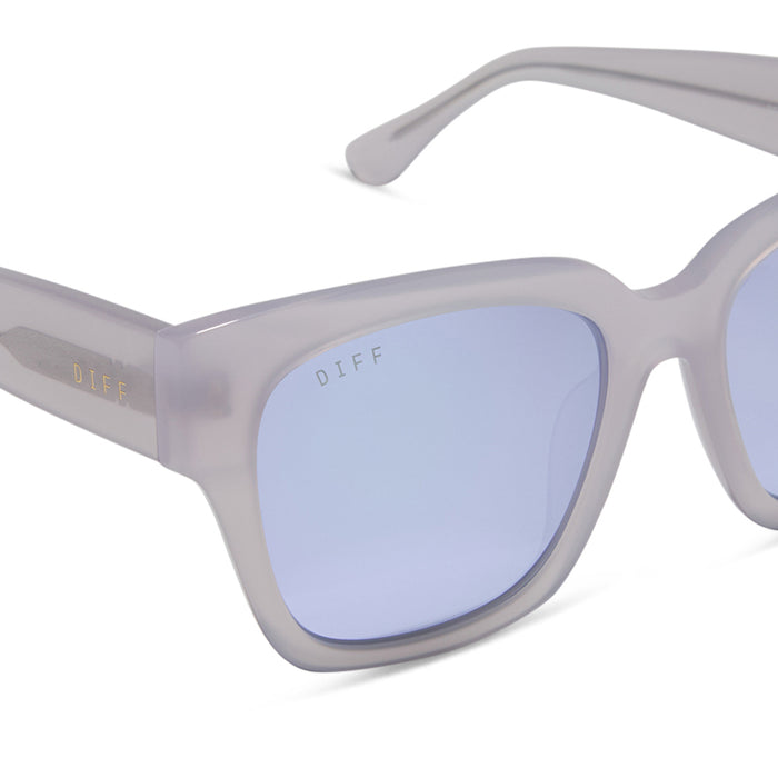diff eyewear featuring the bella ii square sunglasses with a thistle light purple frame and lavendar mirror lenses detailed view