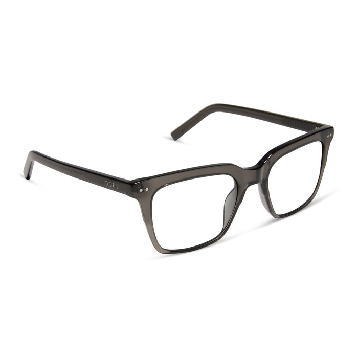 diff eyewear billie square prescription glasses with a black smoke crystal frame angled view