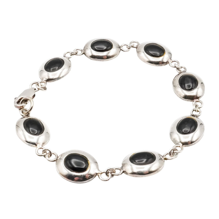 Black Onyx Oval Cabochon Sterling Silver Bracelet 7 Inches