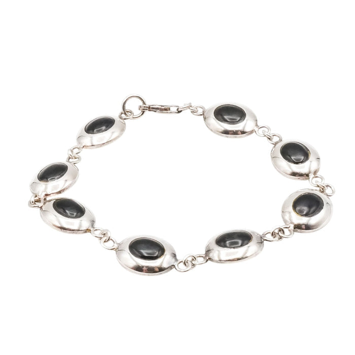 Black Onyx Oval Cabochon Sterling Silver Bracelet 7 Inches