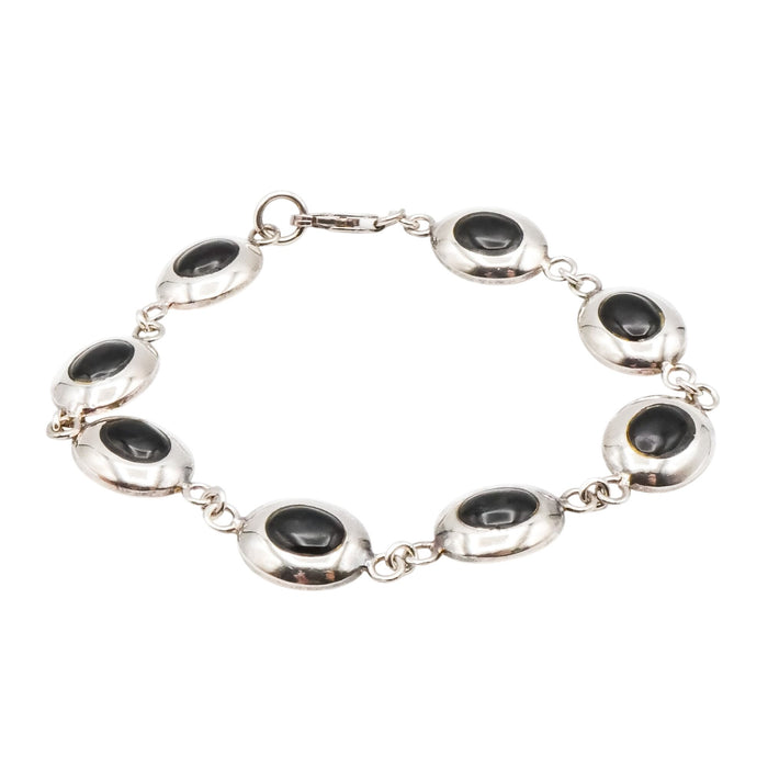 Black Onyx Oval Cabochon Sterling Silver Bracelet 7 Inches