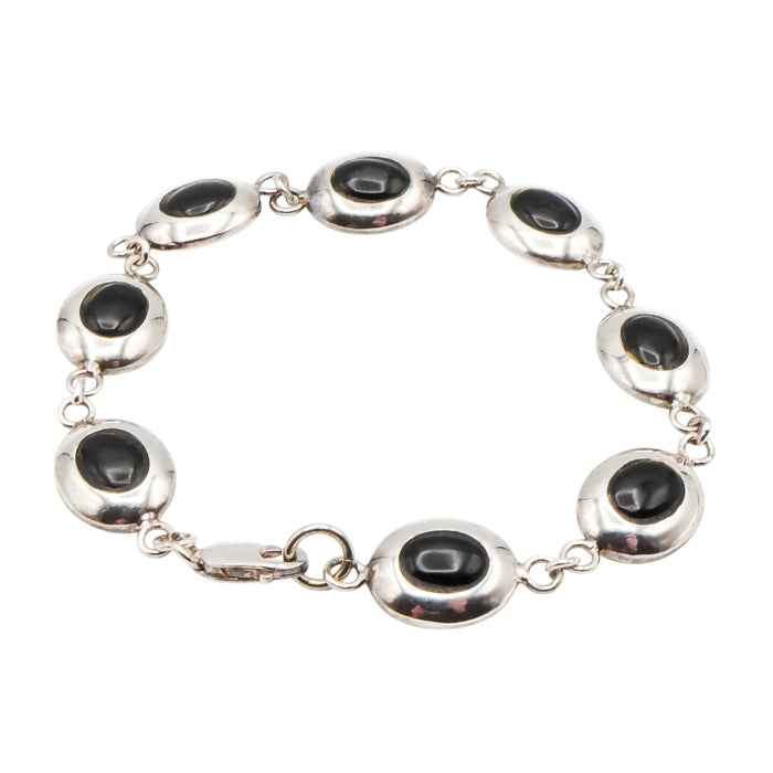 Black Onyx Oval Cabochon Sterling Silver Bracelet 7 Inches