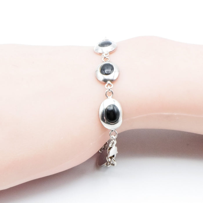 Black Onyx Oval Cabochon Sterling Silver Bracelet 7 Inches