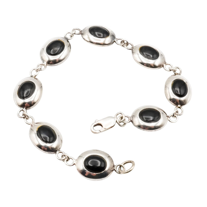 Black Onyx Oval Cabochon Sterling Silver Bracelet 7 Inches