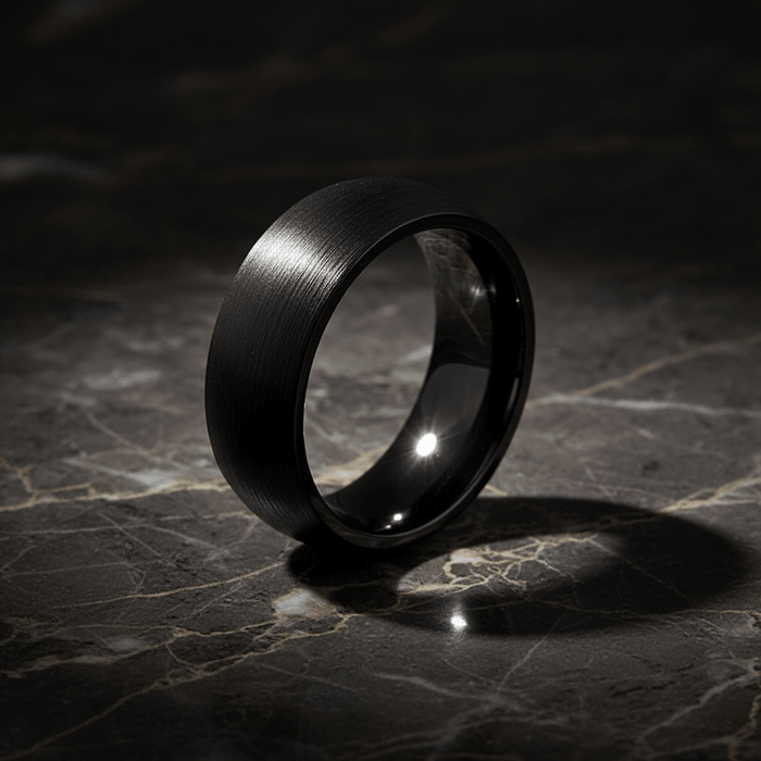 BLACKROCK — Luxury 3/4 angle on dark marble — men's tungsten wedding ring.