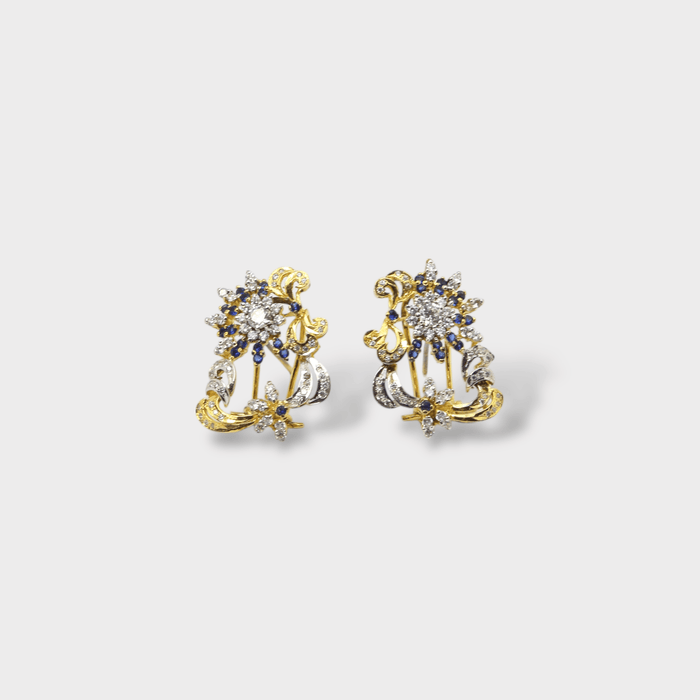Blue Sapphire Floral Burst Clip Earrings - Monis Anas Jewellers