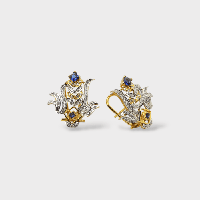 Blue Sapphire Floral Pearl Drop Clip Earrings - Monis Anas Jewellers