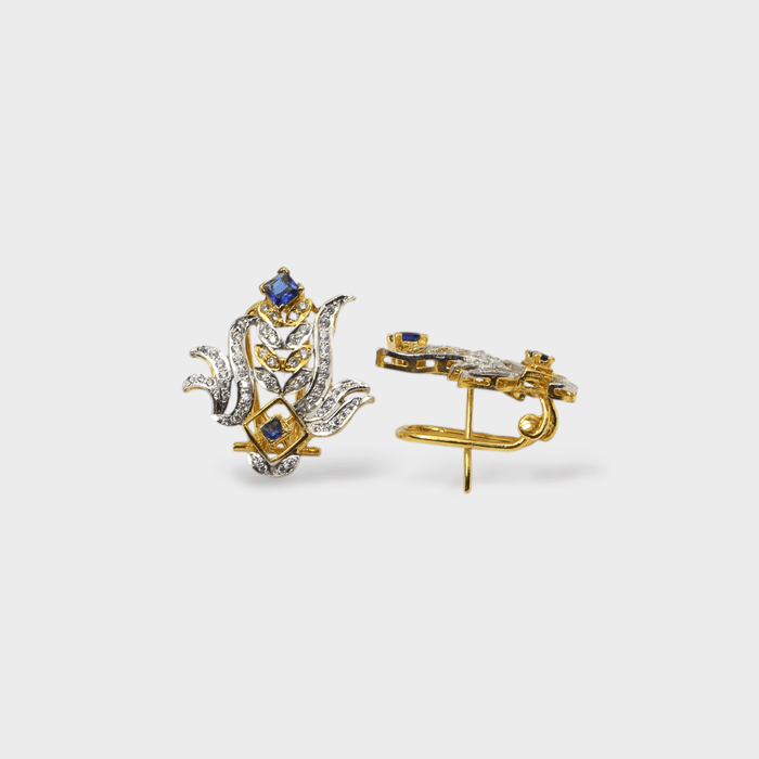 Blue Sapphire Floral Pearl Drop Clip Earrings - Monis Anas Jewellers