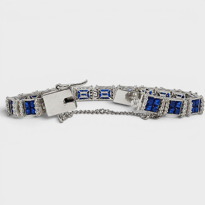 Blue Sapphire Tennis Bracelet – Emerald-Cut Gems - Rhodium Silver - Monis Anas Jewellers