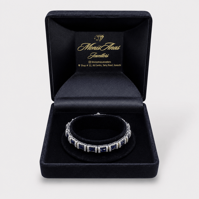 Blue Sapphire Tennis Bracelet – Emerald-Cut Gems - Rhodium Silver - Monis Anas Jewellers